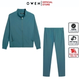 Bộ mặc nhà OWEN BMN241339 màu xanh cổ vịt dáng reguler, áo cổ 3 phân, khóa kéo, tay và gấu bo chun, quần cạp chun ống suông chất liệu CVC spandex