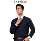 Áo len nam owen ALD241280 áo khoác len cài cúc màu xanh tím than dáng suông regular fit cổ chữ V sâu bo tay gấu chât liệu acrylic cotton
