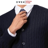 Áo len nam owen ALD241280 áo khoác len cài cúc màu xanh tím than dáng suông regular fit cổ chữ V sâu bo tay gấu chât liệu acrylic cotton