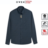 Áo Sơ Mi Nam Tay Dài Owen AR240544DT màu xanh đậm caro trắng dáng suông regular fit tà lượn có túi chất liệu bambo poly