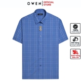 Áo Sơ Mi Nam Tay Ngắn Owen AB250064NT màu xanh dương kẻ caro dáng suông body fit tà bằng có túi Chất liệu Bambo poly