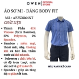 Áo Sơ Mi Nam Tay Ngắn Owen AB250064NT màu xanh dương kẻ caro dáng suông body fit tà bằng có túi Chất liệu Bambo poly