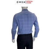 Áo Sơ Mi Nam Tay Dài Owen AR240623DT màu xanh dương caro trắng dáng suông regular fit tà lượn có túi chất liệu Nano