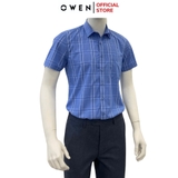 Áo Sơ Mi Nam Tay Ngắn Owen AB250064NT màu xanh dương kẻ caro dáng suông body fit tà bằng có túi Chất liệu Bambo poly