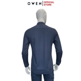 Áo Sơ Mi Nam Tay Dài Owen AR240610D màu xanh đậm trơn dáng suông regular fit tà lượn không túi chất liệu polyester