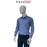 Áo Sơ Mi Nam Tay Dài Owen AR240574DT màu xanh đậm họa tiết dáng suông regular fit tà lượn có túi chất liệu modal poly