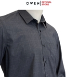 Áo Sơ Mi Nam Tay Dài Owen AR240544DT màu xanh đậm caro trắng dáng suông regular fit tà lượn có túi chất liệu bambo poly