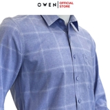 Áo Sơ Mi Nam Tay Dài Owen AR240623DT màu xanh dương caro trắng dáng suông regular fit tà lượn có túi chất liệu Nano