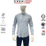 Áo Sơ mi nam tay dài Owen AR250347DT màu xanh nhạt kẻ caro dáng suông regular fit tà lượn có túi chất liệu bamboo spandex