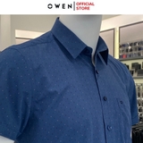Áo Sơ Mi Nam Tay Ngắn Owen AB240034NT màu xanh đậm in họa tiết nhỏ dáng suông tà bằng có túi Chất liệu sợi tre