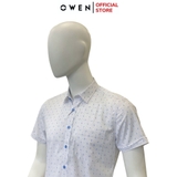Áo Sơ Mi Nam Tay Ngắn Owen AR240039NT màu trắng in họa tiết xanh dáng suông tà lượn có túi Chất liệu sợi tre