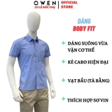 Áo Sơ Mi Nam Tay Ngắn Owen AB230744NT màu xanh dương trơn dáng suông tà bằng có túi chất liệu sợi tre