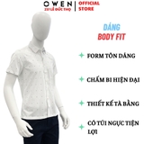 Áo Sơ Mi Nam Tay Ngắn Owen AB230184NT màu trắng chấm bi dáng body fit tà bằng có túi chất liệu sợi tre