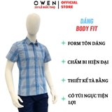 Áo Sơ Mi Nam Tay Ngắn Owen AB230244NT màu xanh caro lớn dáng body fit tà bằng có túi chất liệu bạc hà