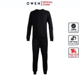 Bộ mặc nhà OWEN BMN221186 Màu đen trơn Dáng Regular Fit áo cổ tròn quần cạp chun CVC Spandex
