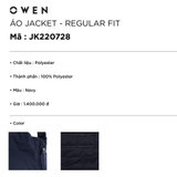 Áo Khoác Jacket Owen JK220728 Màu xanh navy Dáng Regular Fit Vải Polyester