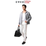 Áo Khoác Jacket Owen JK241485 màu xám nhạt họa tiết chữ in dáng regular fit, cổ cao 3 phân, khóa kéo, tay và gấu bo chun chất liệu polyester