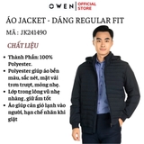 Áo Khoác Jacket Owen JK241490 màu đen phao dày có mũ dáng regular fit, cổ cao 3 phân, khóa kéo, tay và gấu bo  chất liệu polyester