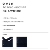 Áo Thun polo Nam Tay Ngắn Có Cổ Owen APV231362  màu navy melange dáng body fit vải cotton