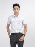 Áo Sơ Mi Nam Tay Ngắn Aristino ASS050S9 Màu Trắng Kẻ Ngang Chấm Xanh Dáng Slim Fit Tà Lượn Vải Sợi Sồi