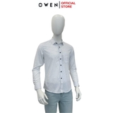 Áo Sơ Mi Nam Tay Dài Owen AR240057DT màu trắng in họa tiết dáng suông tà lượn có túi chất liệu bambo poly