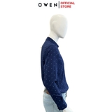 Áo Sơ Mi Nam Tay Dài Owen AR240694DT màu xanh navy in họa tiết dáng suông tà lượn có túi chất liệu bambo poly