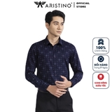 Áo Sơ Mi Nam Dài Tay Aristino ALS39502 Dáng Slim Fit Không Túi Màu Xanh Tím Than In Vải Sợi Sồi