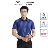 Áo Sơ Mi Nam Ngắn Tay Aristino ASS315S2 Dáng Perfect Fit Tà Bằng Có Túi Màu Xanh Kẻ Trắng Vải Sợi Sồi