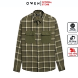 Áo Sơ Mi Nam Tay Dài Owen AJ240723DT màu rêu kẻ caro Dáng J - form suông rộng tà lượn 2 túi ngực có nắp Chất liệu CVC dày dặn