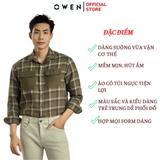 Áo Sơ Mi Nam Tay Dài Owen AJ240723DT màu rêu kẻ caro Dáng J - form suông rộng tà lượn 2 túi ngực có nắp Chất liệu CVC dày dặn