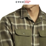 Áo Sơ Mi Nam Tay Dài Owen AJ240723DT màu rêu kẻ caro Dáng J - form suông rộng tà lượn 2 túi ngực có nắp Chất liệu CVC dày dặn