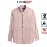 Áo sơ mi nam tay dài Owen AR250357DT màu hồng đậm kẻ caro dáng suông regular fit tà lượn có túi chất liệu bamboo poly