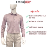 Áo sơ mi nam tay dài Owen AR250357DT màu hồng đậm kẻ caro dáng suông regular fit tà lượn có túi chất liệu bamboo poly