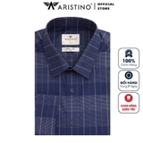 Áo Sơ Mi Nam Tay Dài Aristino ALS28801 Màu Xanh Tím Than Kẻ Trắng Dáng SLim Fit Không Túi Vải Sợi Tre