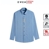 Áo sơ mi nam tay dài Owen AS250349D màu xanh đậm kẻ dọc dáng ôm slim fit là lượn không túi chất liệu modal spandex