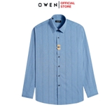 Áo sơ mi nam tay dài Owen AS250349D màu xanh đậm kẻ dọc dáng ôm slim fit là lượn không túi chất liệu modal spandex