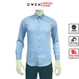 Áo Sơ Mi Nam Tay Dài Owen AS230539D màu kẻ chìm xanh dáng slim fit tà lượn không túi vải sợi tre