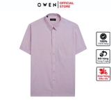 Áo sơ mi nam tay ngắn Owen AB250079NT màu hồng nhạt dáng suông body fit tà bằng có túi chất liệu Bambo linen