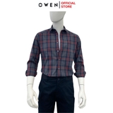 Áo Sơ Mi Nam Tay Dài Owen AJ240630D màu xám đậm kẻ caro đỏ Dáng J - form suông rộng tà lượn không túi ngực chất liệu Café Charcoal dày dặn