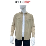 Áo Sơ Mi Nam Tay Dài Owen AJ240726DT màu be trơn Dáng J - form suông rộng tà lượn 2 túi ngực có nắp Chất liệu Rayon dày dặn