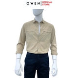 Áo Sơ Mi Nam Tay Dài Owen AJ240726DT màu be trơn Dáng J - form suông rộng tà lượn 2 túi ngực có nắp Chất liệu Rayon dày dặn