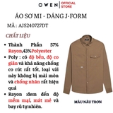 Áo Sơ Mi Nam Tay Dài Owen AJ240727DT màu nâu trơn Dáng J - form suông rộng tà lượn 2 túi ngực có nắp Chất liệu Rayon dày dặn