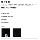 Áo Sơ Mi Nam Tay Dài Owen AR220220DT màu đen trơn dáng regular fit tà lượn có túi vải Nano
