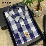 Áo Sơ Mi Nam Tay Dài Owen AR220801DT Màu kẻ caro lớn xanh navy trắng Dáng Regular Fit Tà Lượn Có Túi Vải Sợi Tre ( Bamboo)