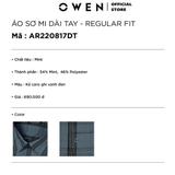 Áo Sơ Mi Nam Tay Dài Owen AR220817DT Kẻ caro đen ghi xanh Dáng Regular Fit Tà Lượn Có Túi Vài bạc hà