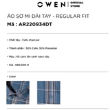 Áo Sơ Mi Nam Tay Dài Owen AR220934DT màu kẻ caro lớn xanh navy nâu dáng regular fit tà lượn có túi vải café