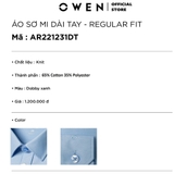 Áo Sơ Mi Nam Tay Dài Owen AR221231DT màu Dobby xanh dáng regular fit tà lượn có túi vải cotton