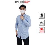 Áo Sơ Mi Nam Tay Dài Owen AR230011DT màu slub xanh nhạt dáng regular fit tà lượn có túi vải sợi tre
