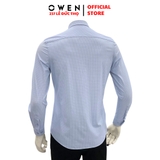 Áo Sơ Mi Nam Tay Dài Owen AR230523DT màu in xanh trắng Dáng regular fit tà lượn không túi chất liệu Knit