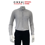 Áo Sơ Mi Nam Tay Dài Owen AR230528DT màu kẻ caro xám rêu dáng regular fit tà lượn có túi chất liệu knit